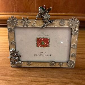 Enameled Photo Frame 6”x4" Skiing Snowman Christmas Cast Metal Frame New!
